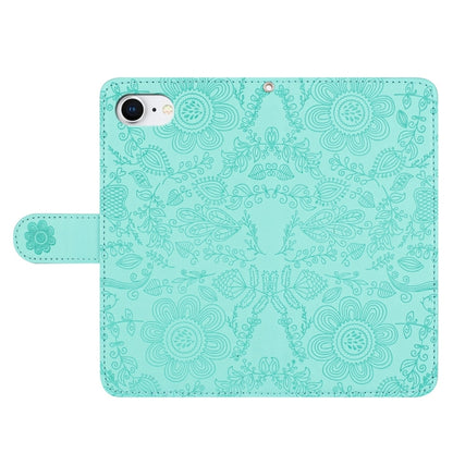 For iPhone 16e Floral Embossed Pattern Leather Phone Case(Light Green) by bashfashion