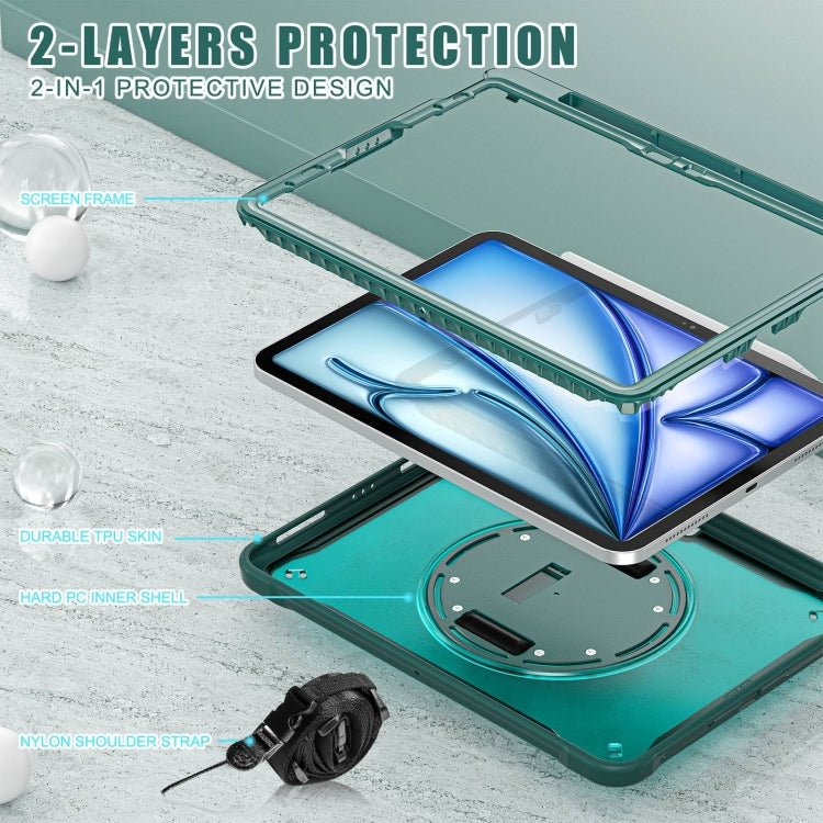 For iPad Air 11 2025 / 2024 Heavy Duty Hybrid Tablet Case with Hand Grip & Strap(Dark Green) by bashfashion