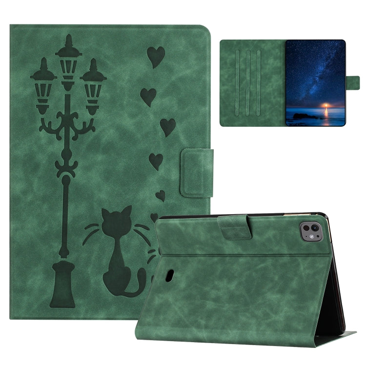 For iPad Pro 11 2025 / 2024 Embossed Couple Cat Smart Tablet Leather Case(Green) by bashfashion