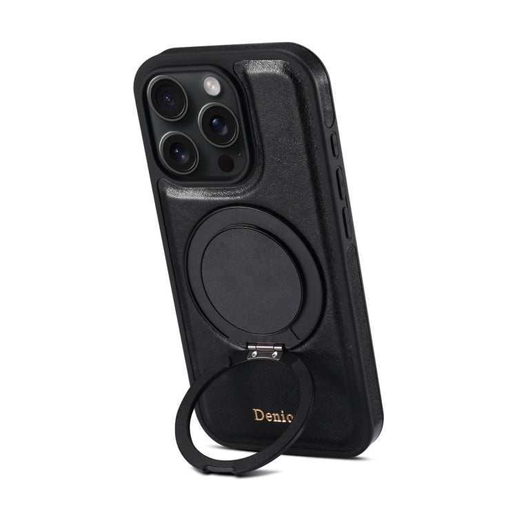 For iPhone 16 Pro Max Denior A17 Genuine Leather Gear Magnetic Holder Phone Case(Black) by Denior