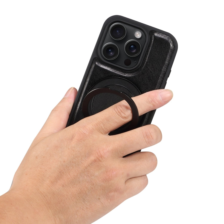 For iPhone 16 Pro Max Denior A17 Genuine Leather Gear Magnetic Holder Phone Case(Black) by Denior