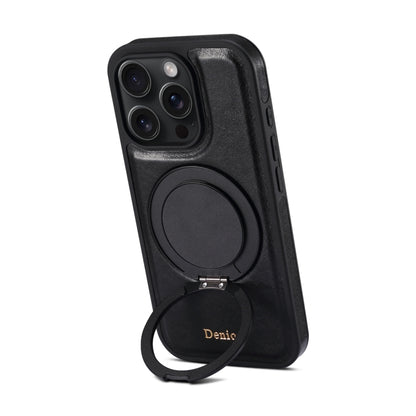 For iPhone 16 Pro Denior A17 Genuine Leather Gear Magnetic Holder Phone Case(Black) by Denior