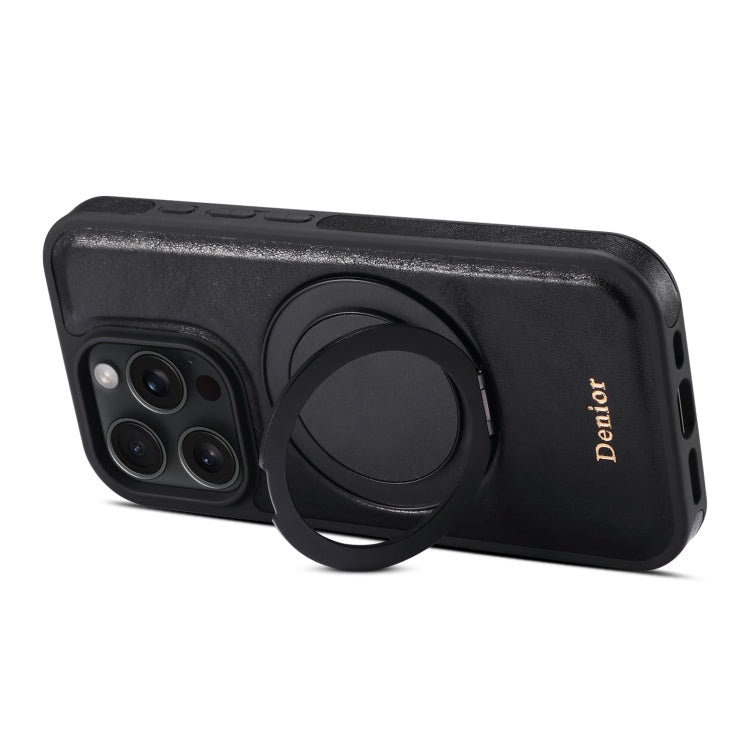 For iPhone 16 Pro Denior A17 Genuine Leather Gear Magnetic Holder Phone Case(Black) by Denior