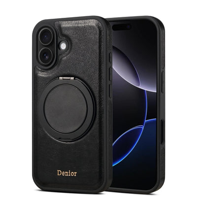 For iPhone 16 Plus Denior A17 Genuine Leather Gear Magnetic Holder Phone Case(Black) by Denior