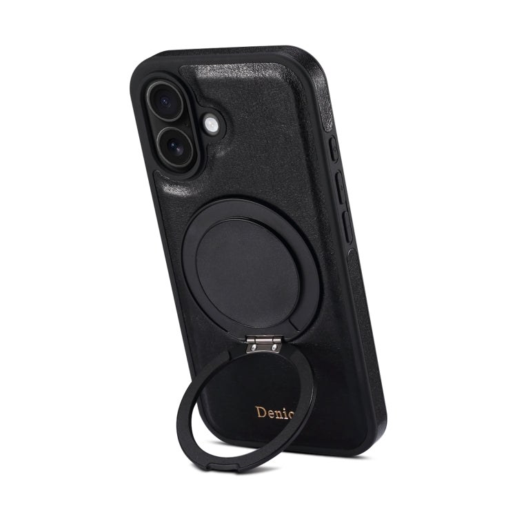 For iPhone 16 Plus Denior A17 Genuine Leather Gear Magnetic Holder Phone Case(Black) by Denior