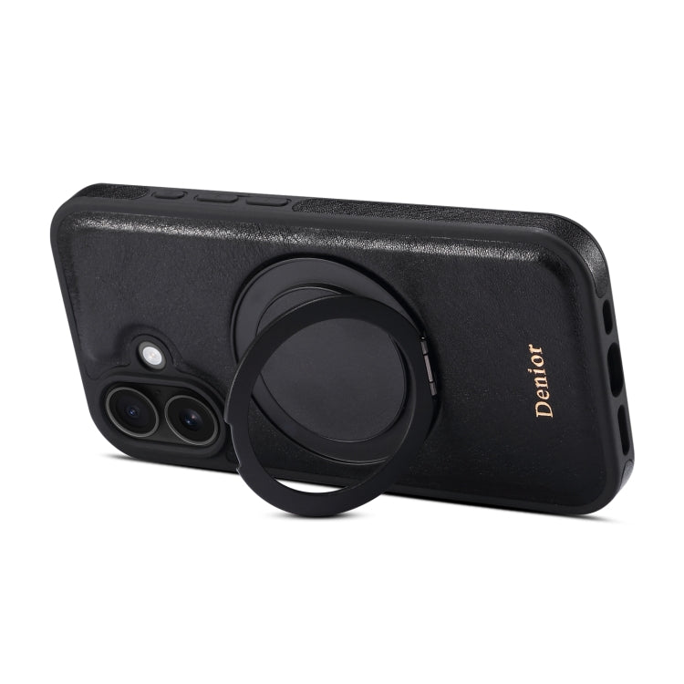 For iPhone 16 Plus Denior A17 Genuine Leather Gear Magnetic Holder Phone Case(Black) by Denior