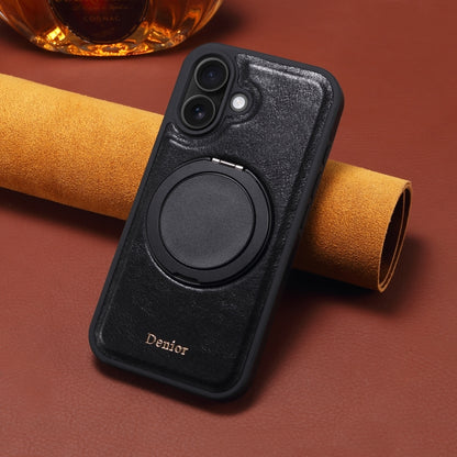 For iPhone 16 Denior A17 Genuine Leather Gear Magnetic Holder Phone Case(Black) by Denior