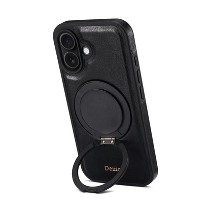 For iPhone 16 Denior A17 Genuine Leather Gear Magnetic Holder Phone Case(Black) by Denior