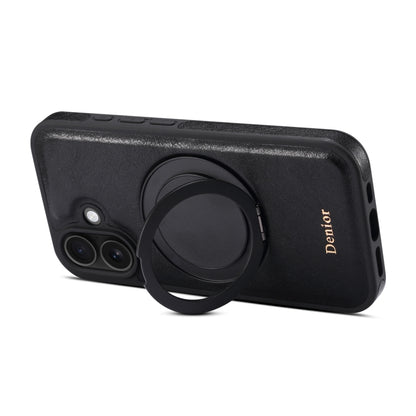 For iPhone 16 Denior A17 Genuine Leather Gear Magnetic Holder Phone Case(Black) by Denior