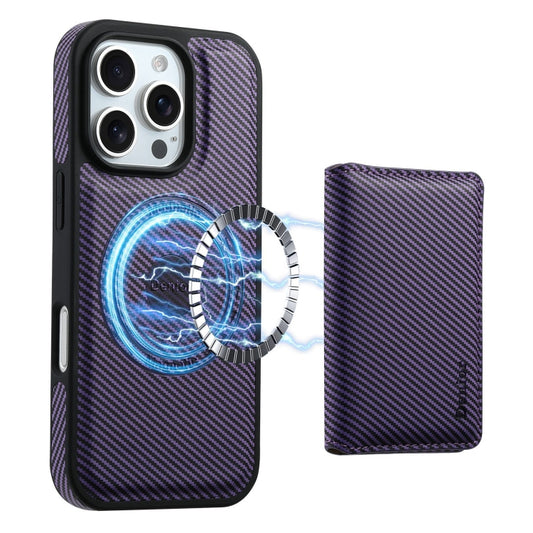For iPhone 16 Pro Max Denior Carbon Fiber Texture Leather Card Bag MagSafe Phone Case(Purple) by Denior