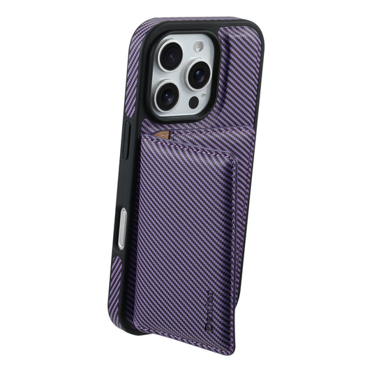 For iPhone 16 Pro Max Denior Carbon Fiber Texture Leather Card Bag MagSafe Phone Case(Purple) by Denior
