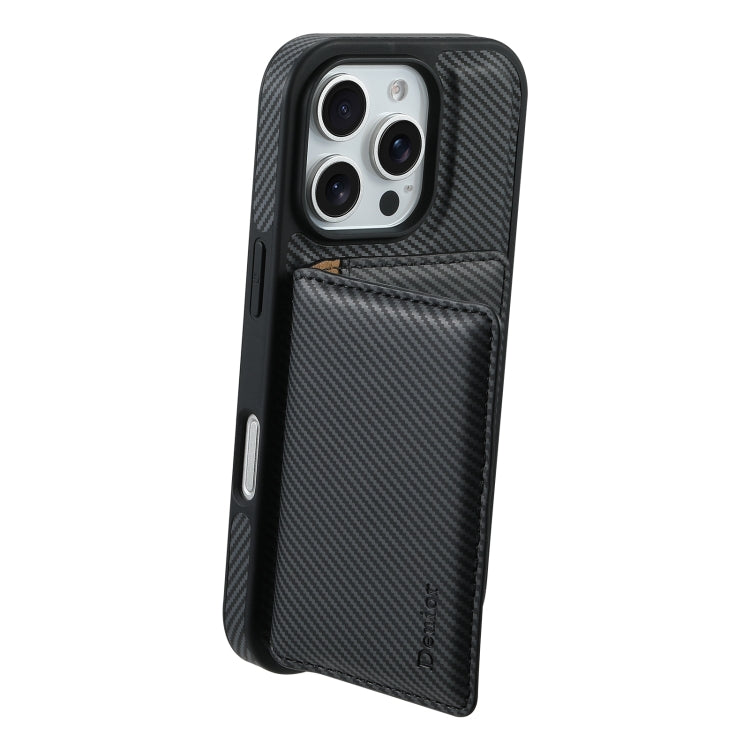 For iPhone 16 Pro Denior Carbon Fiber Texture Leather Card Bag MagSafe Phone Case(Black) by Denior