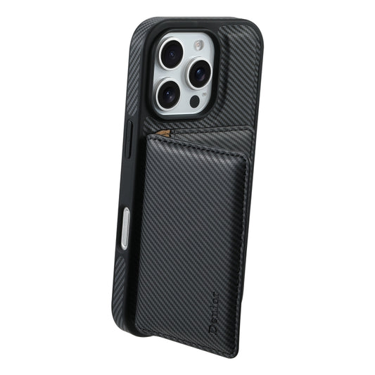 For iPhone 16 Pro Denior Carbon Fiber Texture Leather Card Bag MagSafe Phone Case(Black) by Denior