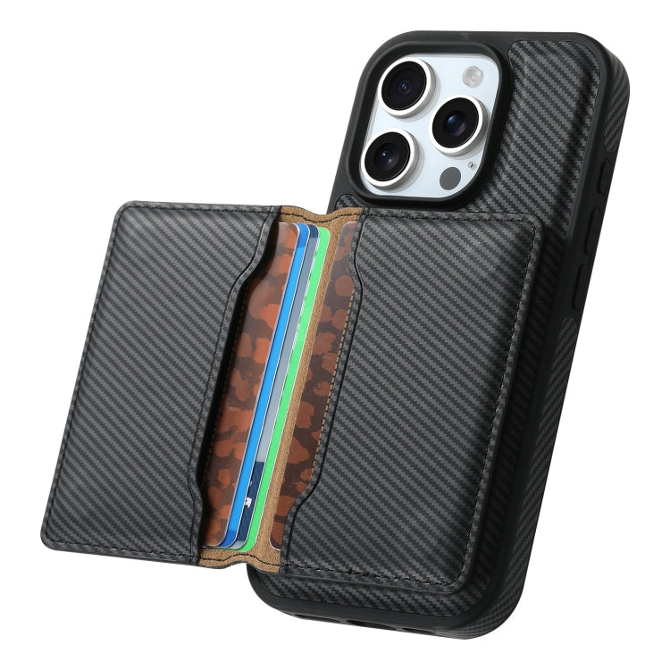 For iPhone 16 Pro Denior Carbon Fiber Texture Leather Card Bag MagSafe Phone Case(Black) by Denior