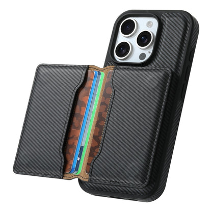 For iPhone 16 Pro Denior Carbon Fiber Texture Leather Card Bag MagSafe Phone Case(Black) by Denior