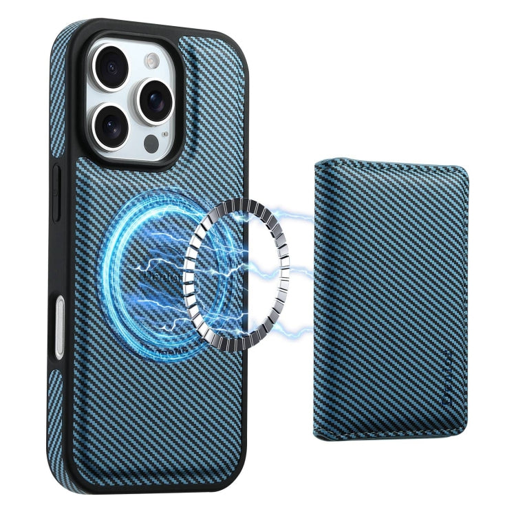 For iPhone 16 Pro Denior Carbon Fiber Texture Leather Card Bag MagSafe Phone Case(Blue) by Denior