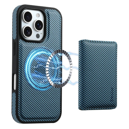 For iPhone 16 Pro Denior Carbon Fiber Texture Leather Card Bag MagSafe Phone Case(Blue) by Denior