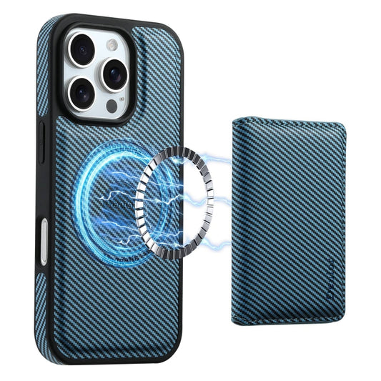 For iPhone 16 Pro Denior Carbon Fiber Texture Leather Card Bag MagSafe Phone Case(Blue) by Denior