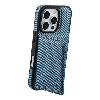 For iPhone 16 Pro Denior Carbon Fiber Texture Leather Card Bag MagSafe Phone Case(Blue) by Denior