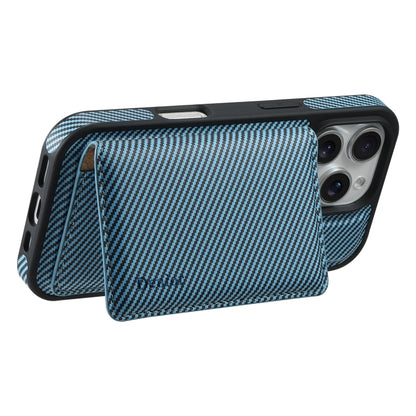 For iPhone 16 Pro Denior Carbon Fiber Texture Leather Card Bag MagSafe Phone Case(Blue) by Denior