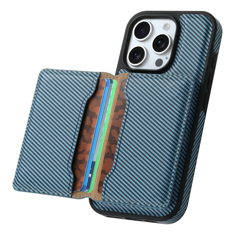 For iPhone 16 Pro Denior Carbon Fiber Texture Leather Card Bag MagSafe Phone Case(Blue) by Denior