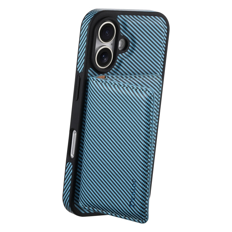 For iPhone 16 Plus Denior Carbon Fiber Texture Leather Card Bag MagSafe Phone Case(Blue) by Denior