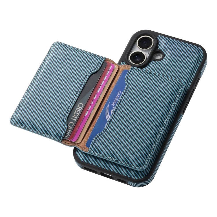For iPhone 16 Plus Denior Carbon Fiber Texture Leather Card Bag MagSafe Phone Case(Blue) by Denior