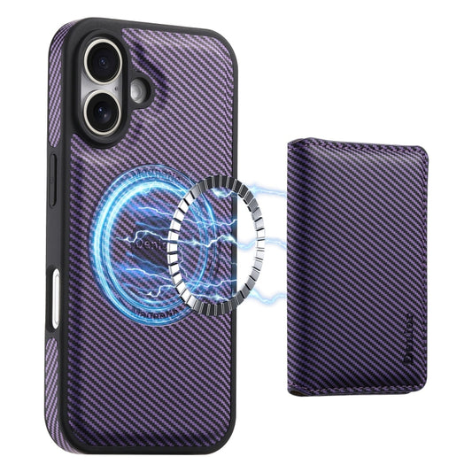 For iPhone 16 Plus Denior Carbon Fiber Texture Leather Card Bag MagSafe Phone Case(Purple) by Denior