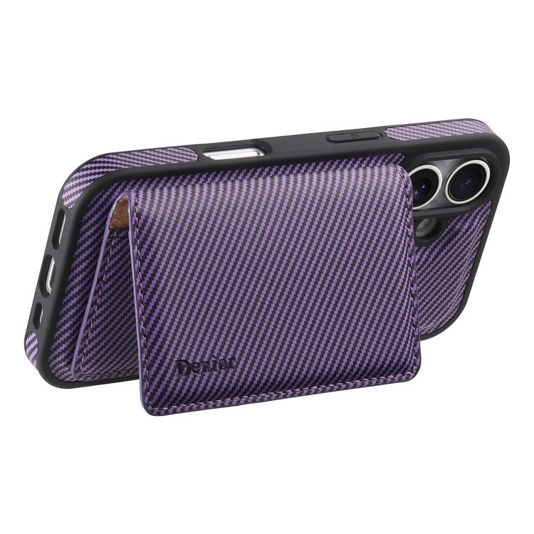 For iPhone 16 Plus Denior Carbon Fiber Texture Leather Card Bag MagSafe Phone Case(Purple) by Denior