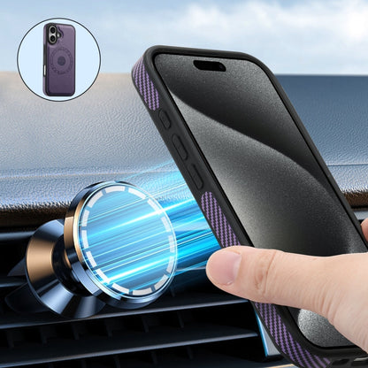 For iPhone 16 Plus Denior Carbon Fiber Texture Leather Card Bag MagSafe Phone Case(Purple) by Denior