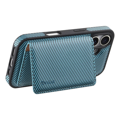 For iPhone 16 Denior Carbon Fiber Texture Leather Card Bag MagSafe Phone Case(Blue) by Denior