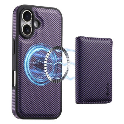 For iPhone 16 Denior Carbon Fiber Texture Leather Card Bag MagSafe Phone Case(Purple) by Denior