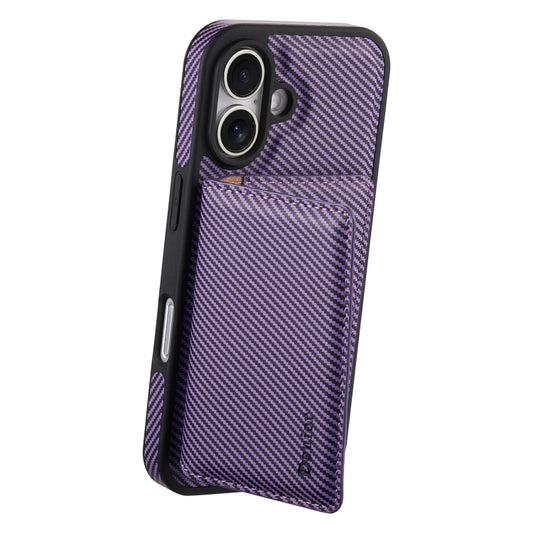 For iPhone 16 Denior Carbon Fiber Texture Leather Card Bag MagSafe Phone Case(Purple) by Denior