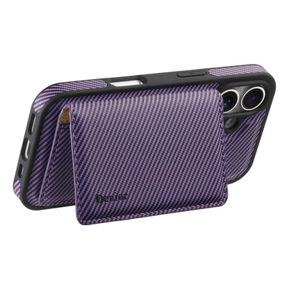 For iPhone 16 Denior Carbon Fiber Texture Leather Card Bag MagSafe Phone Case(Purple) by Denior
