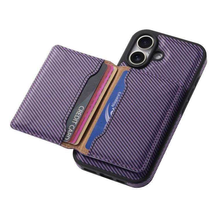For iPhone 16 Denior Carbon Fiber Texture Leather Card Bag MagSafe Phone Case(Purple) by Denior