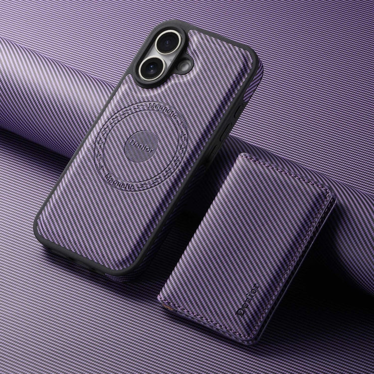 For iPhone 16 Denior Carbon Fiber Texture Leather Card Bag MagSafe Phone Case(Purple) by Denior