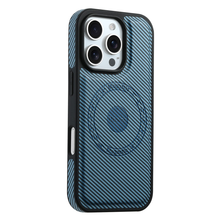 For iPhone 16 Pro Max Denior Carbon Fiber Texture Leather MagSafe Phone Case(Blue) by Denior