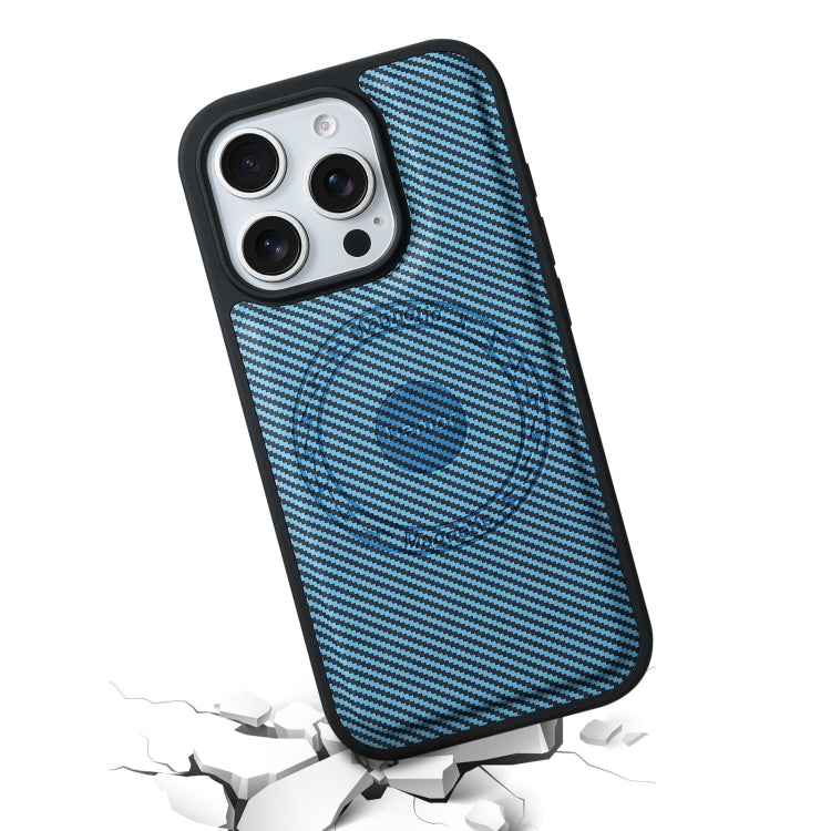 For iPhone 16 Pro Max Denior Carbon Fiber Texture Leather MagSafe Phone Case(Blue) by Denior