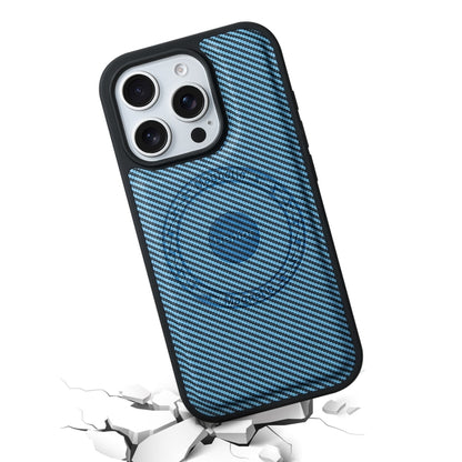 For iPhone 16 Pro Max Denior Carbon Fiber Texture Leather MagSafe Phone Case(Blue) by Denior