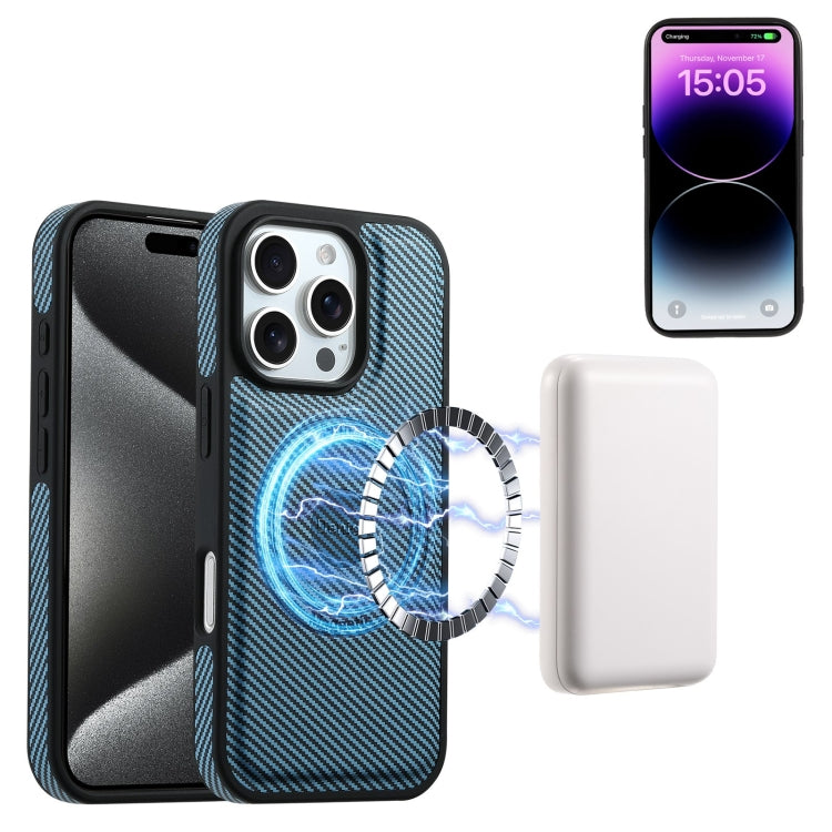 For iPhone 16 Pro Max Denior Carbon Fiber Texture Leather MagSafe Phone Case(Blue) by Denior