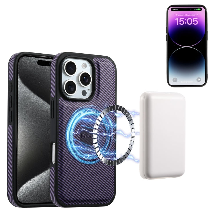 For iPhone 16 Pro Max Denior Carbon Fiber Texture Leather MagSafe Phone Case(Purple) by Denior