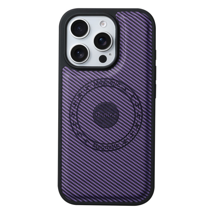 For iPhone 16 Pro Denior Carbon Fiber Texture Leather MagSafe Phone Case(Purple) by Denior