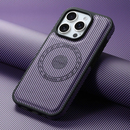 For iPhone 16 Pro Denior Carbon Fiber Texture Leather MagSafe Phone Case(Purple) by Denior