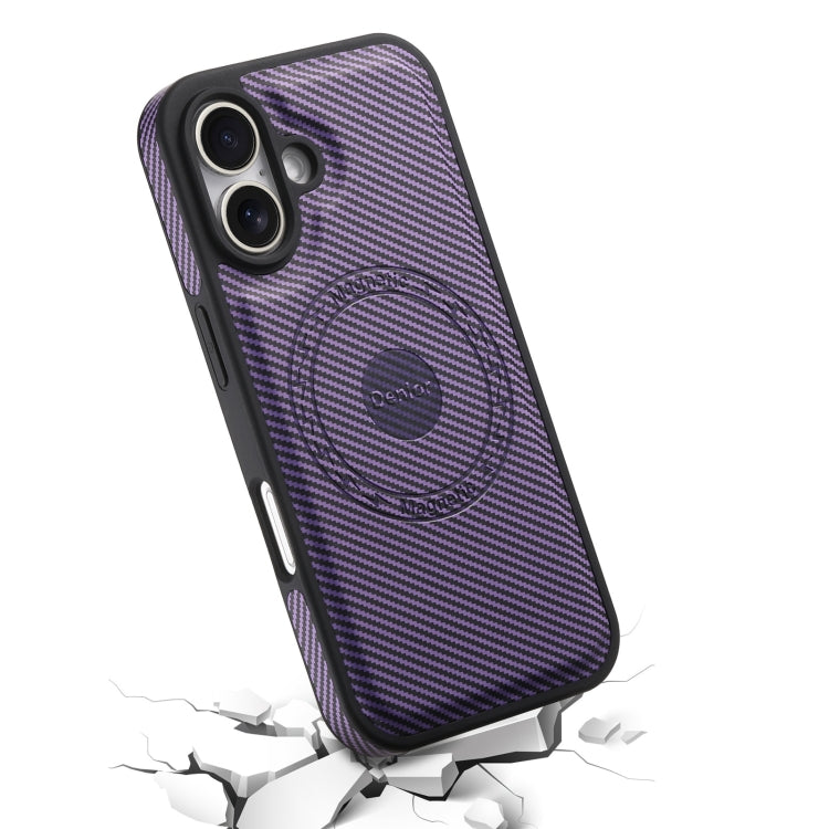 For iPhone 16 Plus Denior Carbon Fiber Texture Leather MagSafe Phone Case(Purple) by Denior