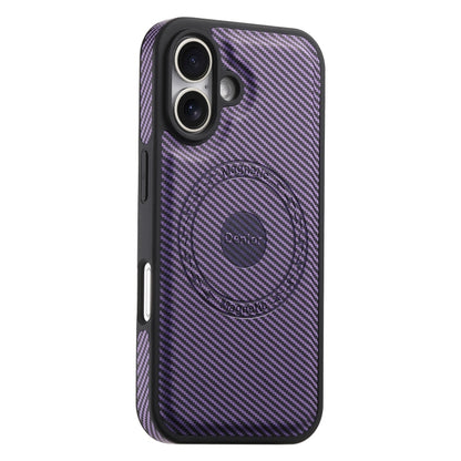 For iPhone 16 Denior Carbon Fiber Texture Leather MagSafe Phone Case(Purple) by Denior
