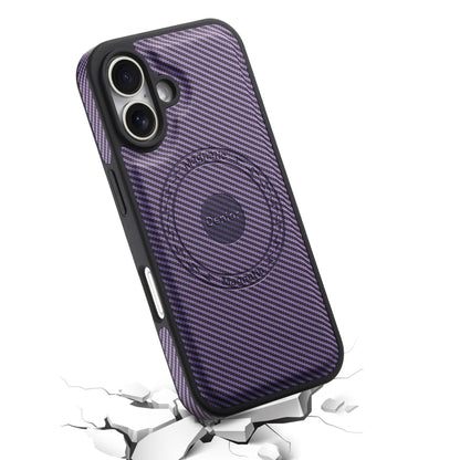 For iPhone 16 Denior Carbon Fiber Texture Leather MagSafe Phone Case(Purple) by Denior