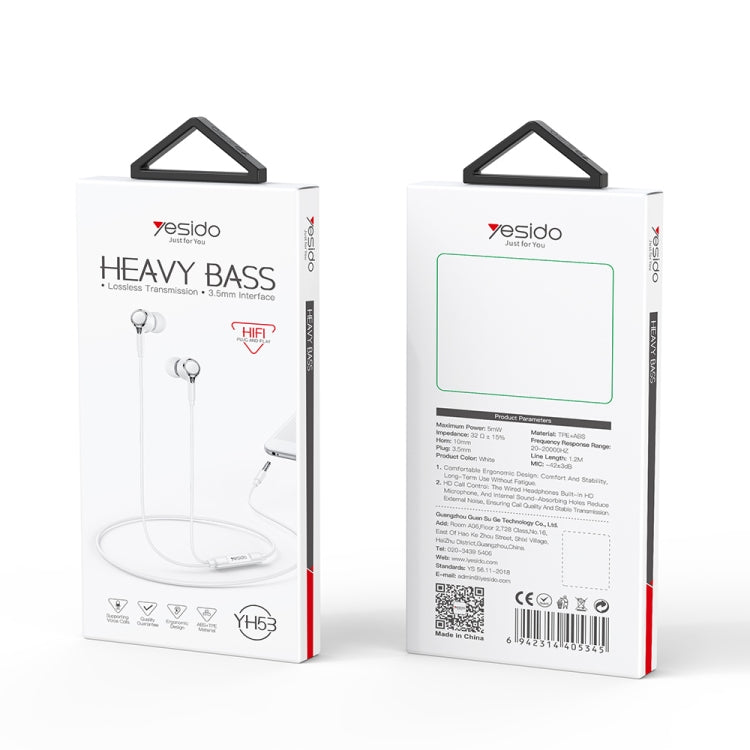 Yesido YH53 3.5mm In-Ear Wired Earphone, Length: 1.2m(White) by Yesido