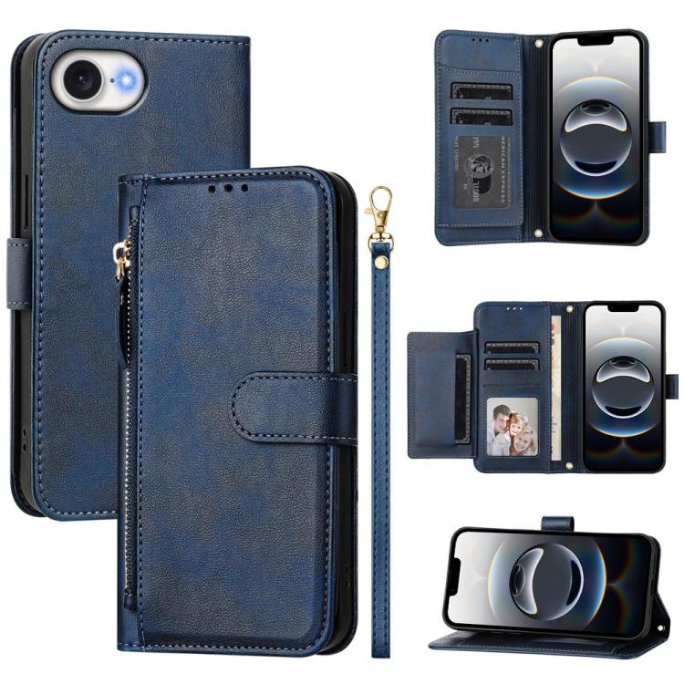 For iPhone 16e Multi-Card Slots Zipper Wallet Leather Phone Case(Blue) by bashfashion