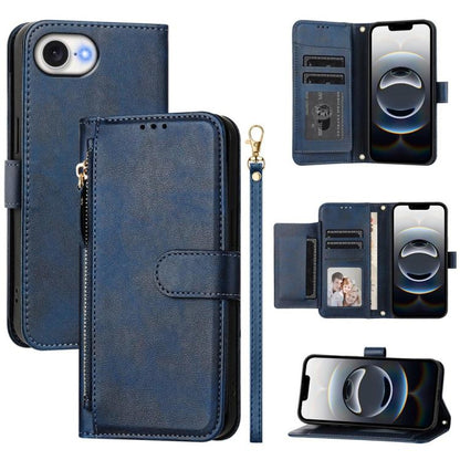 For iPhone 16e Multi-Card Slots Zipper Wallet Leather Phone Case(Blue) by bashfashion