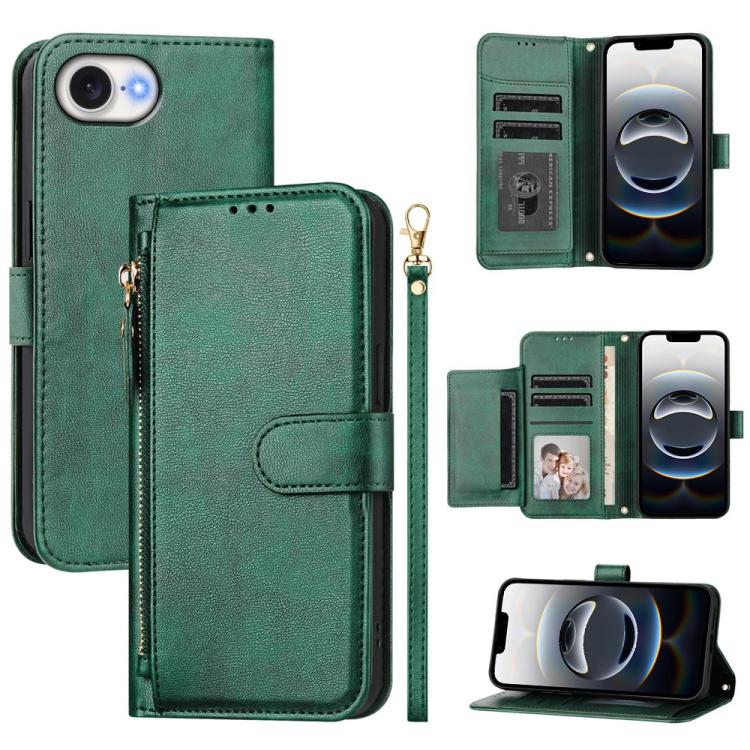For iPhone 16e Multi-Card Slots Zipper Wallet Leather Phone Case(Green) by bashfashion